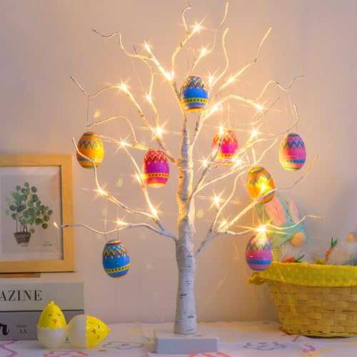 PEIDUO Easter Decorations for The Home, 2FT 24LT Easter Egg Tree Lighted with Battery Powered and Timer, Lighted Easter Tree Decor