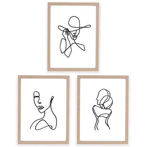 ArtbyHannah 11x14 Inch Framed Minimalist Wall Art Set with Framed Pictures Woman's Body Shape Line Art for Room Wall Decor, Set of 3, Natural Frames
