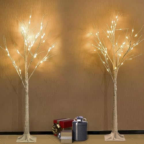 2-Pack 4FT Lighted Birch Tree for Indoor Christmas Decorations Outdoor, Higher Size, Timer Function Birch Christmas Tree with 96 LED Warm White Lights for Home Decor Bedroom Thanksgiving Party Garden