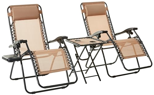 Amazon Basics Outdoor Textilene Adjustable Zero Gravity Folding Reclining 3-Piece Lounge Chair Set with Side Table, 35 x 26 x 43 inches, Beige