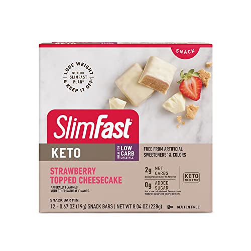 SlimFast Low Carb Snacks, Keto Friendly for Weight Loss with 0g Added Sugar, Strawberry Topped Cheesecake Snack Bar Minis, 12 Count Box (Packaging May Vary)