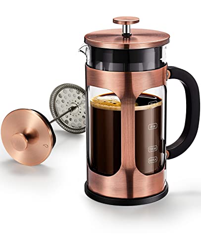 BAYKA French Press Coffee Maker, Glass Classic Copper 304 Stainless Steel Coffee Press, Cold Brew Heat Resistant Thickened Borosilicate Coffee Pot for Camping Travel Gifts, 34 Ounce