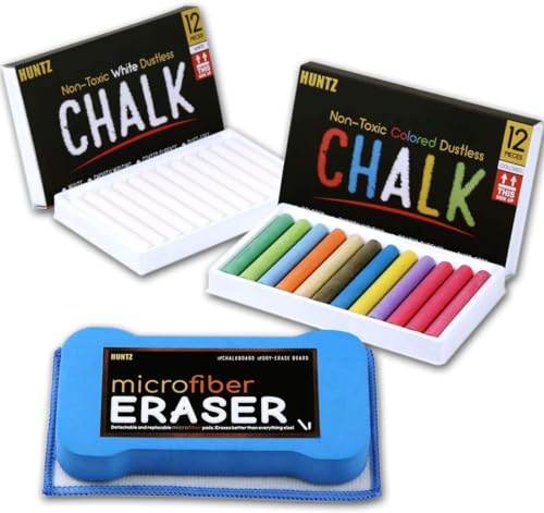 Huntz Dustless Chalk With Microfiber Eraser (Washable & Reusable) (12 White Chalks + 12 Colored Chalks + Eraser)
