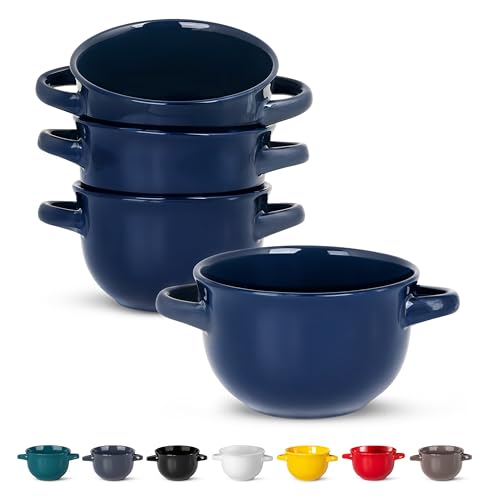 KooK Soup Bowls, French Onion Soup Bowls, Soup Crocks, Oven Safe Bowls, Soup Mugs, Ceramic Bowls, Dishwasher, Microwave, Set of 4, 18 oz (Blue)
