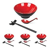 ANNIE'S KITCHEN Japanese Ramen Bowl Set of 4 Ramen Bowl With Chopsticks and Stands - Large Ramen Bowls Pho Bowls and Spoons Set 16 Piece Melamine (Red)