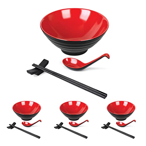 ANNIE'S KITCHEN Japanese Ramen Bowl Set of 4 Naruto Ramen Bowl With Chopsticks and Stands - Large Ramen Bowls Pho Bowls and Spoons Set 16 Piece Melamine (Red)