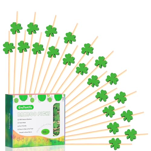 100pcs Shamrock Cocktail Picks 4.7' Fruit Sticks Food Toothpicks Sandwich Charcuterie Appetizer Skewers, Handmade of Bamboo Wood, for Irish St. Patrick's Day Decoration Party Supplies (3 Leaf Clover)
