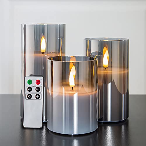Eywamage Grey Glass Flameless Candles with Remote Battery Operated Flickering LED Pillar Candles Real Wax Wick Φ 3' H 4' 5' 6'