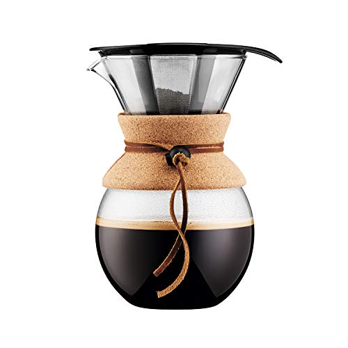 Bodum 34 oz Pour Over Coffee Maker, High-Heat Borosilicate Glass with Reusable Stainless Steel Filter and Cork Grip - Made in Portugal