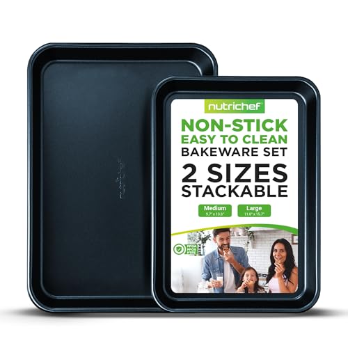 NutriChef Non-Stick Cookie Sheet Baking Pans, 2-Piece Oven Baking Trays w/ Superior Nonstick Coating - 15' x 11' & 13' x 9' Sizes for Convenient Roasting & Baking - Dishwasher Safe