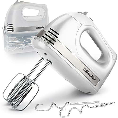 Mueller Electric Hand Mixer, 5 Speed 250W Turbo with Snap-On Storage Case and 4 Chrome-plated Steel Accessories for Easy Whipping, Mixing Cookies, Brownies, Cakes, and Dough Batters - White