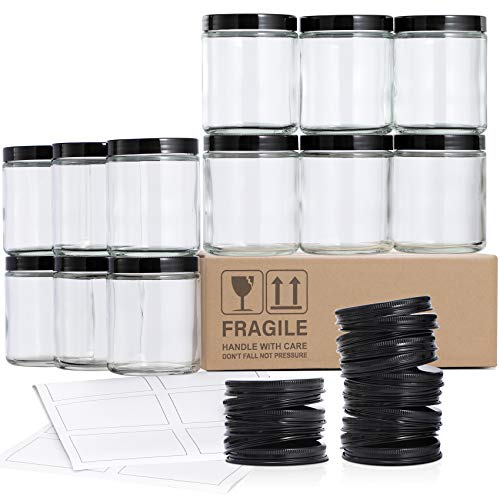 12 Pack, 8 OZ Thick Glass Jars with Lids, Clear Round Candle Jars with 12 Metal Lids & 12 Plastic Lids - Empty Food Storage Containers, Canning Jar For Spice, Powder, Liquid, Sample - Dishwasher Safe