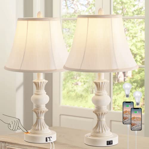 Touch Control Table Lamp Set of 2, 3-Way Dimmable Bedside Lamp with 2 USB Charging Ports, French Country Style Nightstand Lamps with Faux Silk Shade for Living Room, Bedroom - Antique White