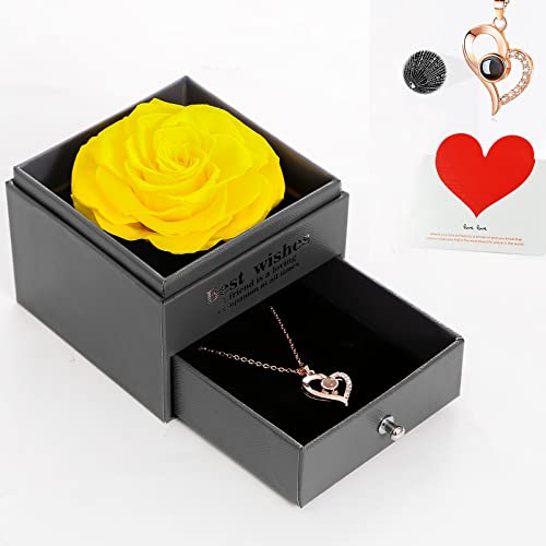 U UQUI Womens Gifts for Christmas, Preserved Real Rose with I Love You Heart Necklace 100 Languages, Birthday Gifts for Mom Her Girlfriend Wife,Forever Flower for Valentines Day Anniversary, Yellow