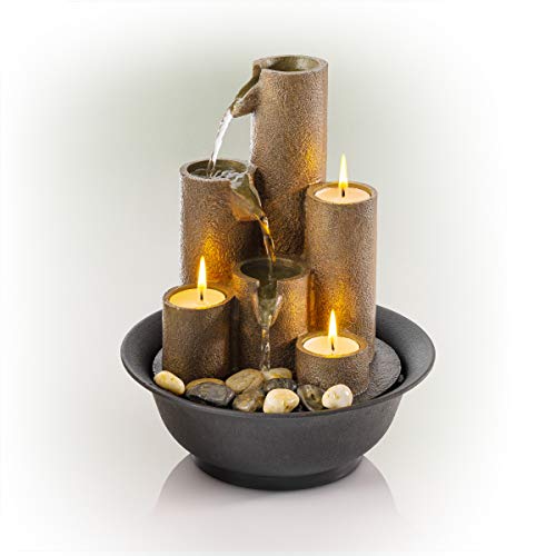 Alpine Corporation WCT202 Indoor Tabletop Tiered Water Fountain Featuring 3 Candles for Desktop and Table, 11', Brown