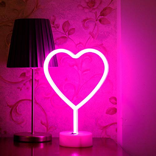 BHCLIGHT Pink Heart Neon Sign, LED Neon Light Battery Operated or USB Powered Decorations Lamp, Table Decoration Light for Girl's Room Dorm Wedding Anniversary Valentines Day Bedroom Classroom Déco