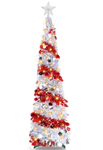 TURNMEON 5 Ft Prelit Valentines Pencil Tree with Timer 50 Warm Lights Star, Glitter Slim Pop Up Tinsel Valentines Tree Decorations Battery Operated Valentines Tree Indoor Home Decor(Silver Red)