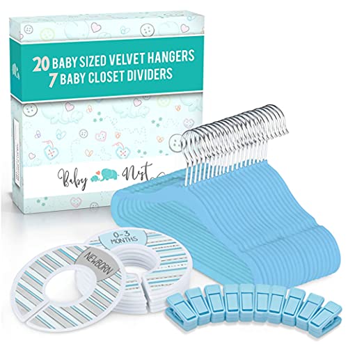 Baby Nest Designs Baby Hangers, Closet Dividers, Pant Clips. Blue Nursery Organizer. 7 Baby Size Dividers (Infant Newborn Clothing to 24 Months) 20 Velvet Hangers for Baby Clothes, 10 Clips