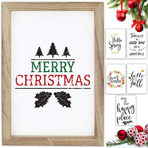 KIBAGA Farmhouse Wall Decor Signs For Christmas Decorations With Interchangeable Sayings - Rustic 11x16” Wood Picture Frame with 10 Designs - Easy To Hang Indoor Fall Decor For Your Home