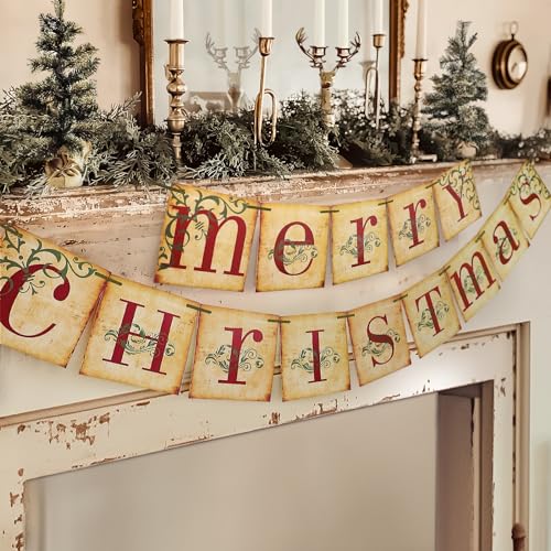 Christmas Decorations - Vintage Merry Christmas Banner - Retro Nostalgic Traditional Old Fashioned Victorian Xmas Holiday Decor for Indoor Home Office Fireplace Mantle Farmhouse