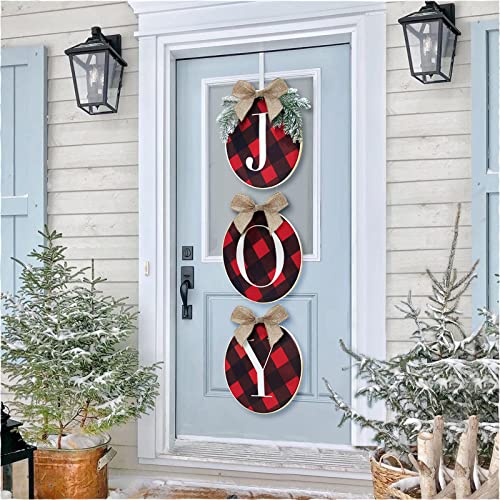 ORIENTAL CHERRY Christmas Decorations - Joy Sign - Buffalo Check Plaid Wreath for Front Door - Rustic Burlap Wooden Holiday Decor for Home Window Wall Farmhouse Indoor Outdoor