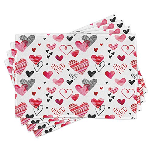 Ambesonne Valentine Place Mats Set of 4, Different Types of Heart Shapes Romance Love Theme Watercolor Striped Art, Washable Fabric Placemats for Dining Table, Standard Size, White Black