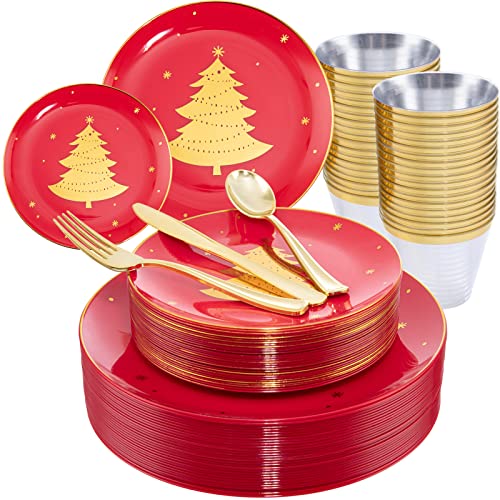 WDF 150pcs Christmas Plates - Christmas Red Plastic Plates with Christmas Tree, Gold Plastic Silverware, Clear Gold Cups, Christmas Design Perfect for Christmas Parties