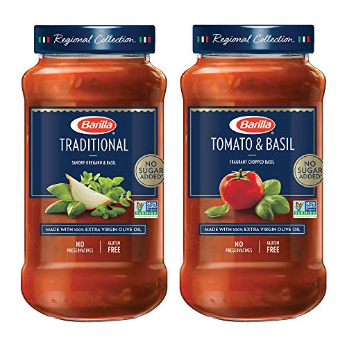 BARILLA Premium Pasta Sauce Variety Pack Tomato & Basil and Traditional Tomato, 24 Ounce Jar (Pack of 4) - No Added Sugar, Artificial Colors, Flavors, or Preservatives - Non-GMO, Gluten Free, Kosher