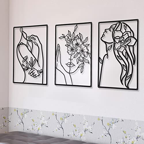 CHENGU 3 Pieces Metal Minimalist Abstract Woman Wall Art Line Drawing Wall Art Decor Single Line Female Home Hanging Wall Art Decor for Kitchen Bathroom Living Room (Black, Flower)