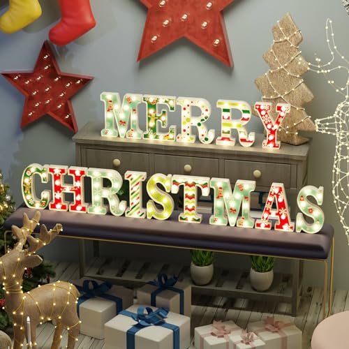 Christmas Decorations Indoor - 14 LED Letters Christmas Lights 'MERRY CHRISTMAS' for Christmas Decorations Indoor Home Decor, Surface UV Printing Snowflakes, Christmas Trees, Elk, etc, Warm White
