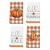 Artoid Mode Orange Buffalo Plaid Pumpkin Hello Fall Kitchen Towels Dish Towels, 18x26 Inch Seasonal Maple Leaves Decoration Hand Towels Set of 4