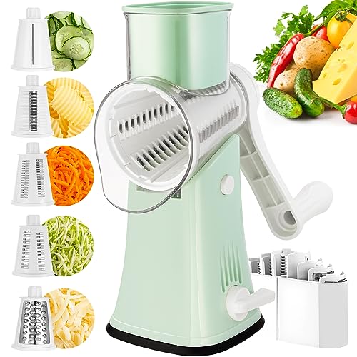 VEKAYA Rotary Cheese Grater, 5 in 1 Cheese Grater with Handle, Replaceable Stainless Blades Cheese Shredder, Cheese Vegetable Slicer, Easy to Clean Kitchen Gadgets with Storage Box