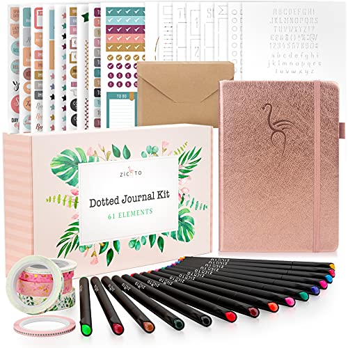 ZICOTO Ultimate All-in-One Journaling Kit - Incl. Dotted Journal, Stencils, Stickers, Pens, Washi Tapes, Small Envelopes and More Bullet Checklist Supplies