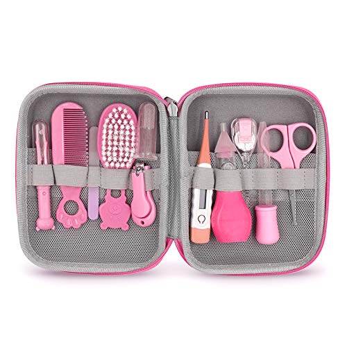 Baby Grooming Kit, 12 in 1 Portable Baby Safety Care Set with Hair Brush Comb Nail Clipper Nasal Aspirator etc for Nursery Newborn Infant Girl Boys Keep Clean(Pink) (Pink)