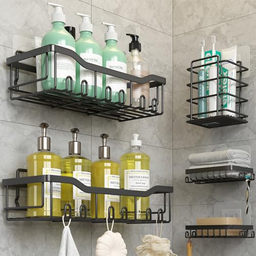 Coraje Shower Caddy, Shower Shelves [5-Pack], Adhesive Shower Organizer No Drilling, Large Capacity, Rustproof Stainless Steel Bathroom Shower Shelf for Inside Shower, Black.