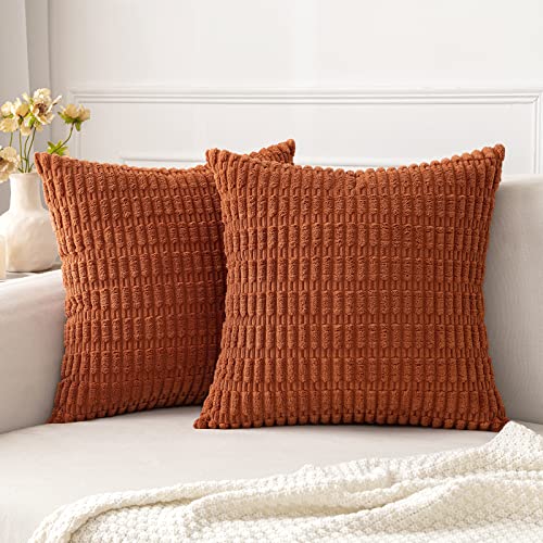 MIULEE Pack of 2 Corduroy Decorative Throw Pillow Covers 18x18 Inch Soft Boho Striped Pillow Covers Modern Farmhouse Home Decor for Sofa Living Room Couch Bed Rust