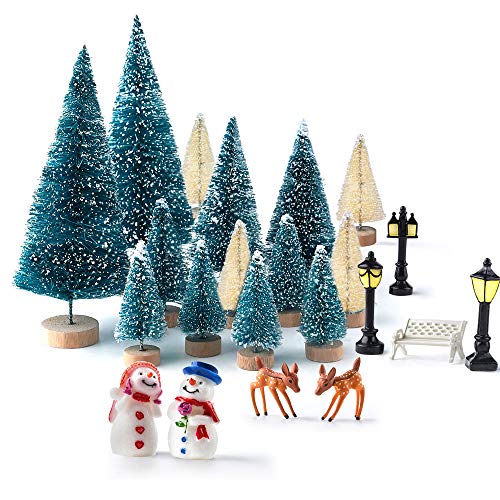 KUUQA Mini Christmas Trees Bottle Brush Trees with Snowmen Reindeer, 31Pcs Christmas Village Sets Village Accessories Ornaments for Christmas Decorations Indoor Village Display Platforms Winter Decor