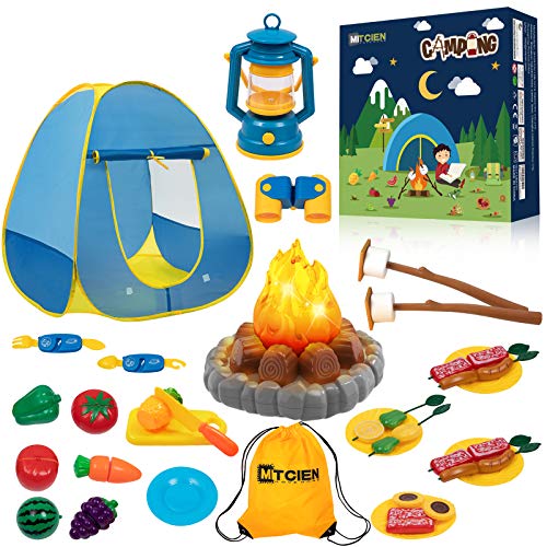 MITCIEN Kids Camping Play Tent with Toy Campfire/Marshmallow/Fruits Toys Play Tent Set for Boys Girls Indoor Outdoor Pretend-Play Game