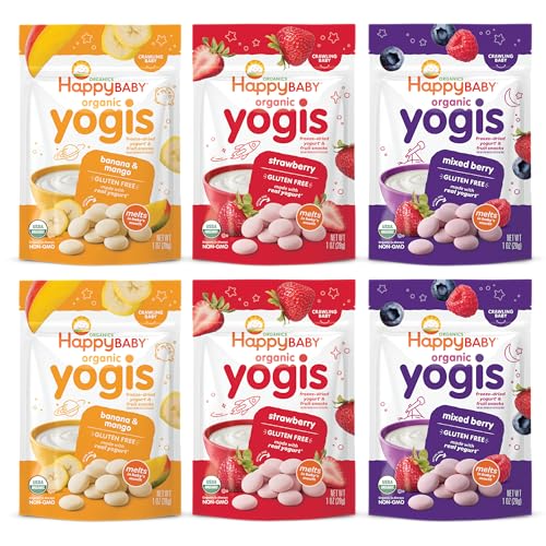 Happy Baby Organics Baby Snacks, Yogis, Freeze Dried Yogurt & Fruit Snacks, Gluten Free Snack for Babies 9+ Months, 3 Flavor Variety Pack, 1 Ounce (Total Pack of 6)