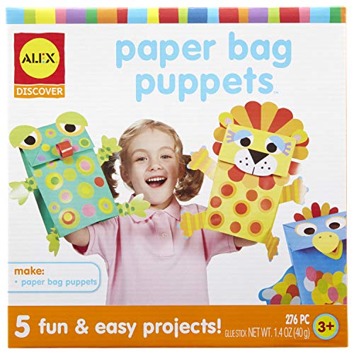 ALEX Toys Paper Bag Puppets Kids Art and Craft Activity Multicolor, includes 5 colored bags, 270 stickers and paper shapes, glue stick and easy picture instructions