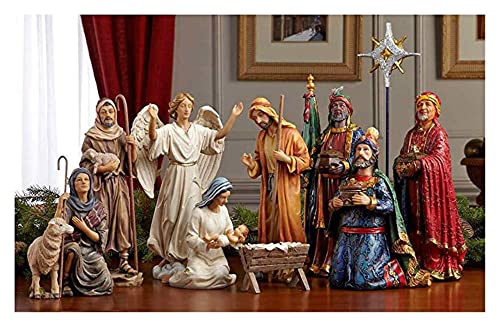Nativity Scene Set with 11 Pieces - Magi, Angel, Shepherds, Jesus, Real Gold Trunk