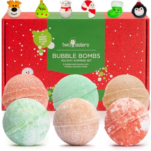 Christmas Bath Bombs with Surprise Toys, Cheerful Holiday Scents, USA Made, Safe for Kids, Won't Stain Tub, 6 Holiday Bubble Baths by Two Sisters