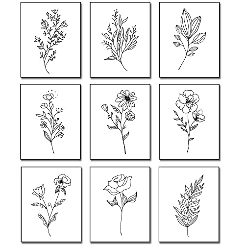 Outus 9 Pieces Botanical Plant Wall Art, Black White Plants Abstract Flowers Minimalist Flowers Wall Decor for Bathroom Kitchen Wall Decor Pictures, Unframed