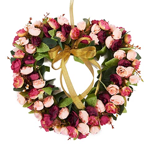 SISJULY Heart-Shaped Garland Wreath Vintage Art Simulation Rose Flowers Wreath for Home Decoration Wedding Wine Red (14inch, Heart)