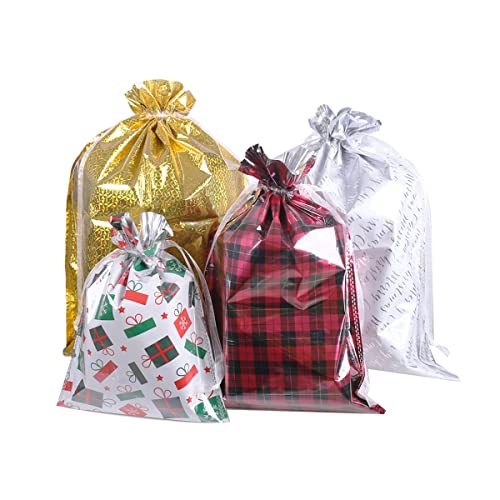 Christmas Gift Bags,32Pcs Santa Wrapping Bag in 4 Sizes and 4 Designs with Inserted Drawstring Ribbons and Tags for Wrapping Holiday