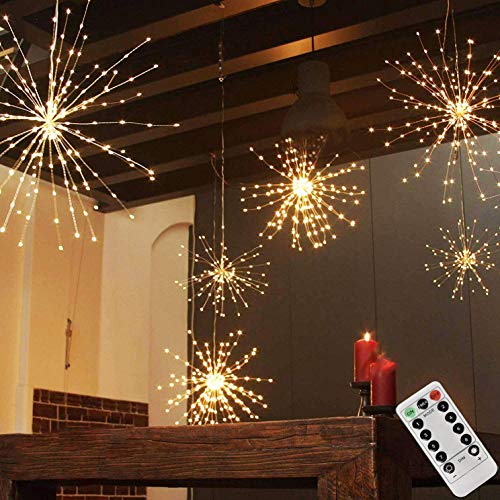200LED Hanging Sphere Lights, Battery Operated Starburst 8 Modes Dimmable Remote Control, Waterproof Fairy Copper Wire Indoors Outdoors Christmas Decoration (Warm White)