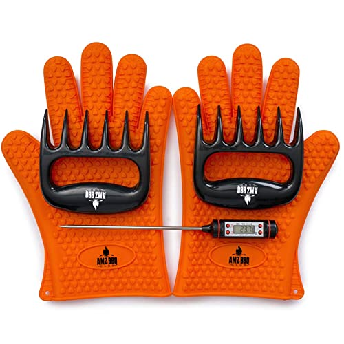 AMZ BBQ CLUB - Meat Claws Bbq Grill Accessories Set - 2 Silicone Gloves, Claws For Pulled Pork, BBQ Thermometer - Perfect Smoker Accessories Grilling Tools Gift Set For (Orange Glove-Thermometer-Claw)