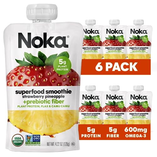 Noka Superfood Fruit Smoothie Pouches, Strawberry Pineapple, Healthy Snacks with Flax Seed, Plant Protein and Prebiotic Fiber, Vegan and Gluten Free Snacks, Organic Squeeze Pouch, 4.22 oz, 6 Count