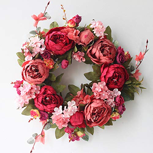Artificial Flower Wreath for Front Door Burgundy Peony Faux Floral Wreath Spring Summer Garland for Door Wall Window Hanging Wedding Party Fistival Welcome Hello Wreath Home Decor
