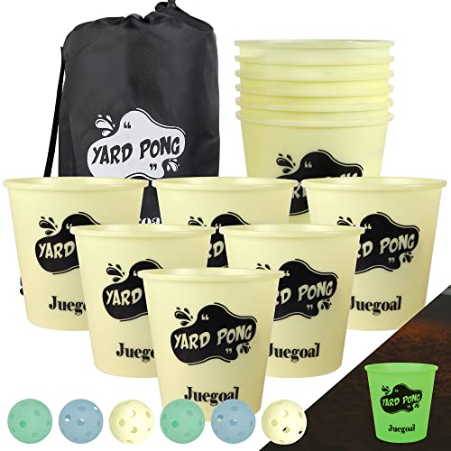 Juegoal Yard Pong Glow in Dark, Outdoor Giant Yard Games Pong Game Set with Noctilucent, Including 12 Yellow Buckets & 6 Balls, Toss Game Throwing Game for Beach, Camping, Lawn and Backyard